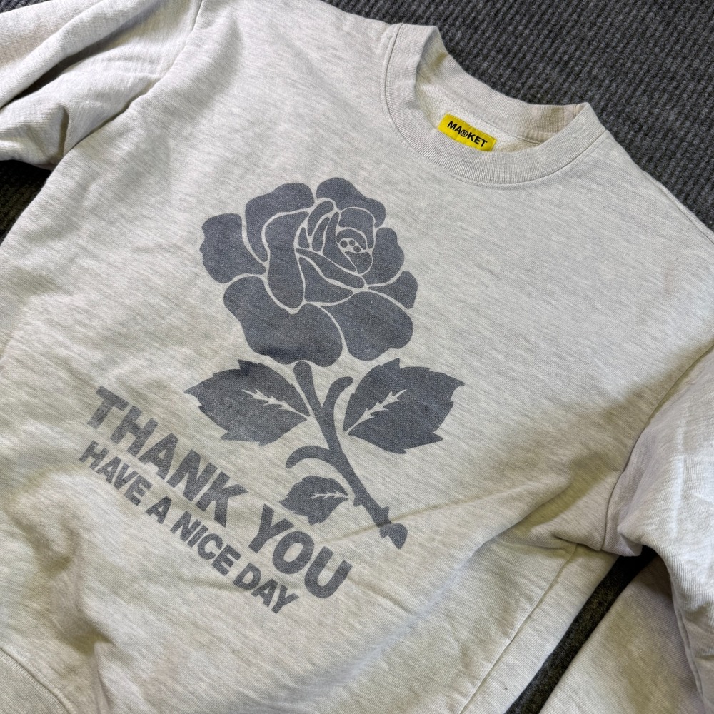 Market Thank You Rose Sweatshirt Unisex M Cream Graphic Crewneck